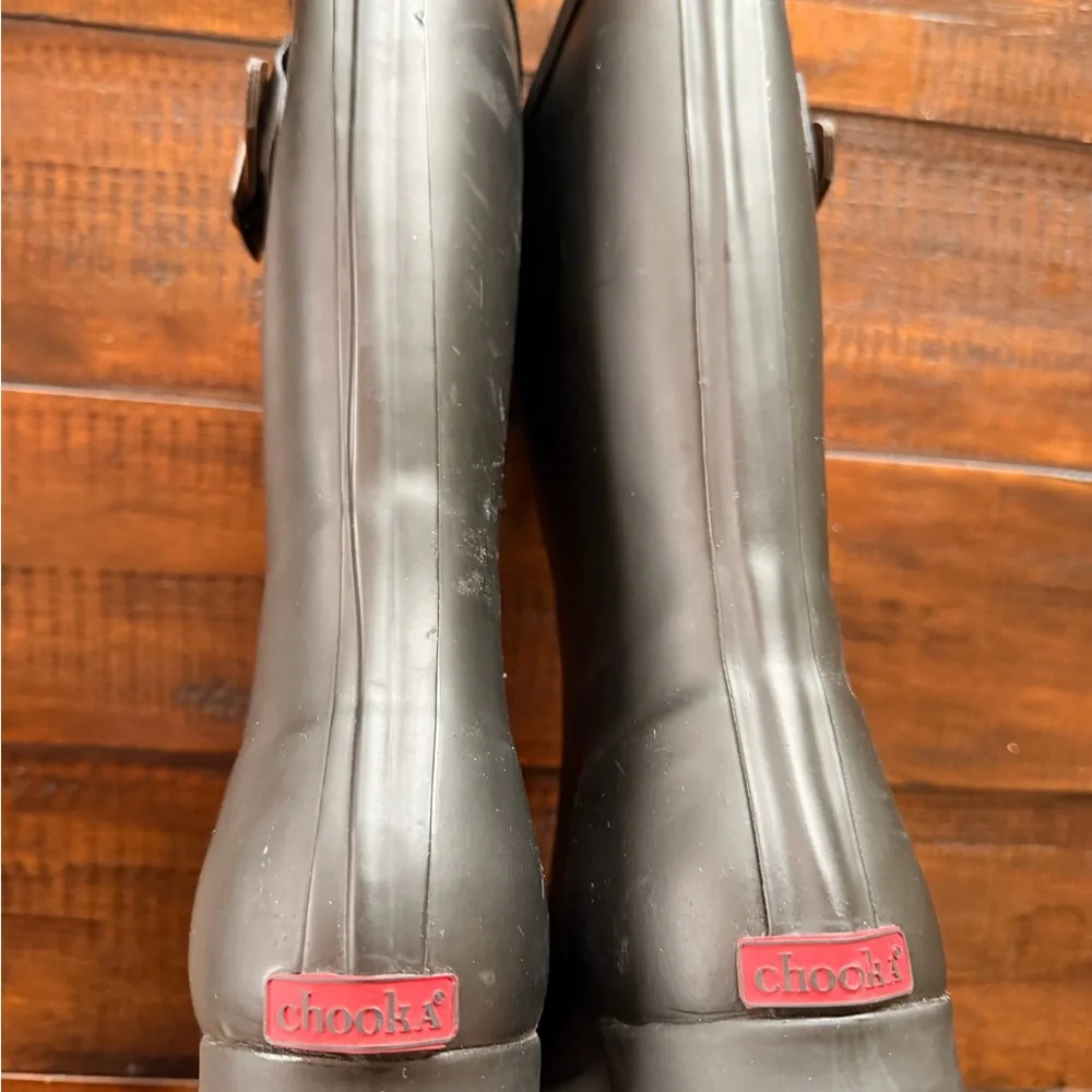 Chooka Women’s Black Rain Boots with Brown Buckle Accent